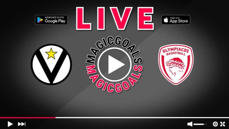 Video thumbnail with a large red 'LIVE' title and three logos: left a circular black-and-white crest with a yellow star, center a circular play button with red text around, right Olympiacos Basketball crest in red and white on a dark gradient background.