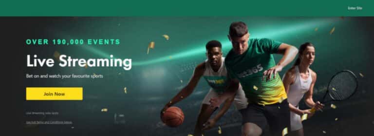 Hero banner for live sports streaming: three athletes in action with the text 'Live Streaming' and a yellow 'Join Now' button.